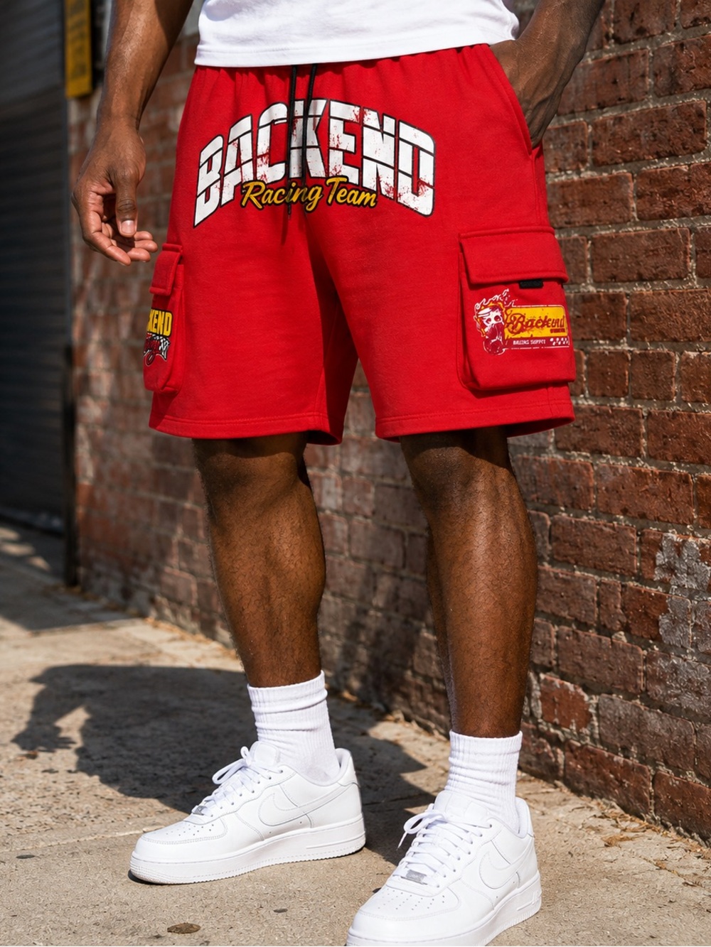 Backend Original Red Racing Team Athletic Cargo Shorts for Men - Picture 2 of 11